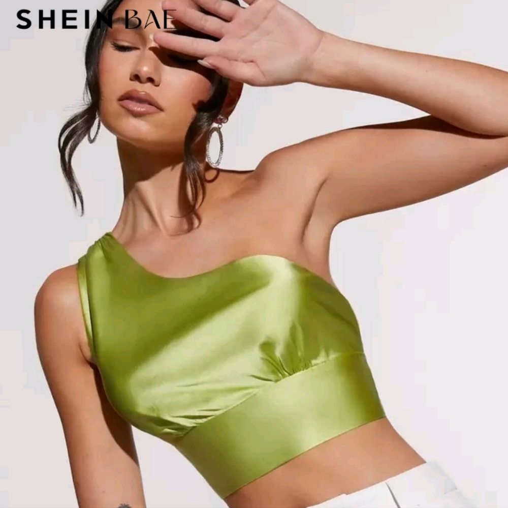 Satin One-Shoulder Green Top